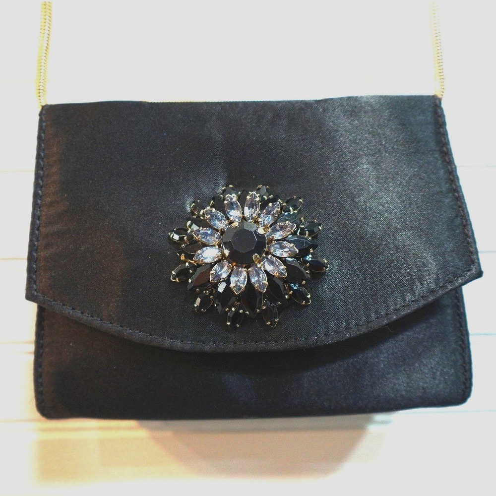 Ted Baker Gem Brooch Clutch Purse Black Satin Gold Tone Chain Rhinestone Flower